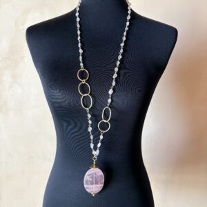 Sautoir quartz rose années inspiration années 70