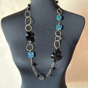 Sautoir obsidienne azurite malachite onyx et anneaux forgés main